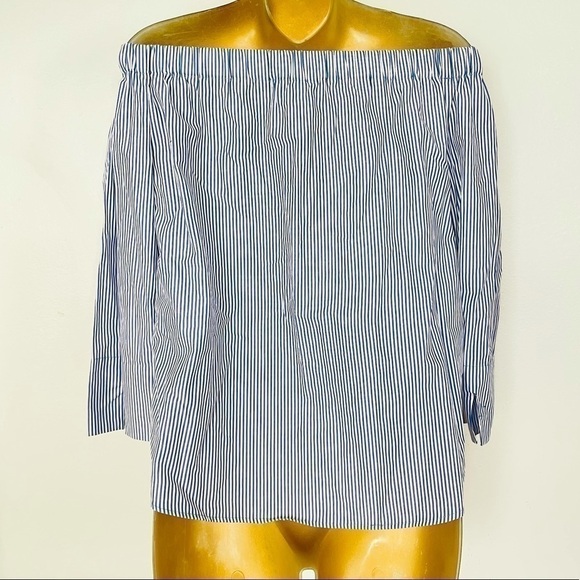 New Zara vertical stipe off the shoulder top blue white - Picture 4 of 5